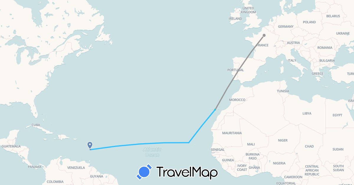 TravelMap itinerary: bus, plane, cycling, boat in Cape Verde, Spain, France (Africa, Europe)